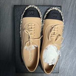 CHANEL Beige and Black Lace-Up Espadrilles